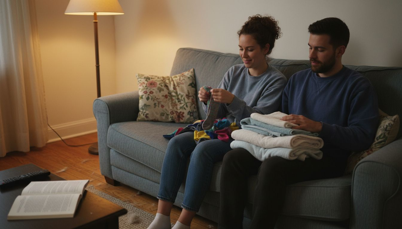 Partners folding laundry on living room sofa